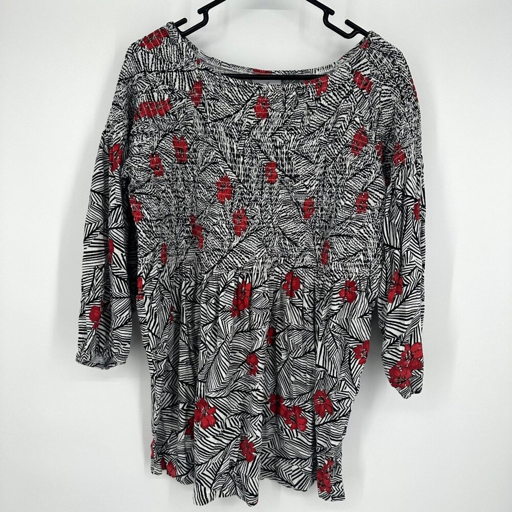 J.jill smocked tunic top‎ 3/4 Sleeve black red floral print size Large